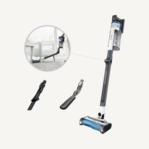 Shark Cordless Pro Pet Plus with duster crevice tool, anti-allergen brush and MultiFLEX wand bent under furniture